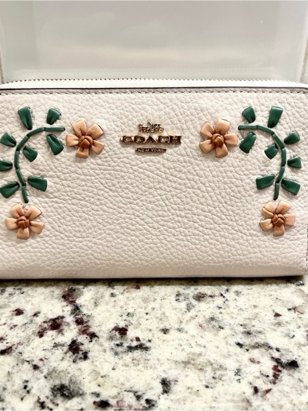 Coach Cream Leather Floral Zip Wallet with Green Vine Accents